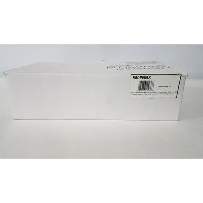 White rectangular cardboard box showing the back side of delta 550pbbx h2okinetic raincan shower head polished brass packaging