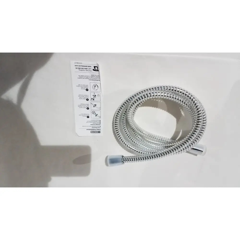 Silver flexible coiled shower hose with chrome finish and clear connectors for delta 550pbbx h2okinetic raincan shower head