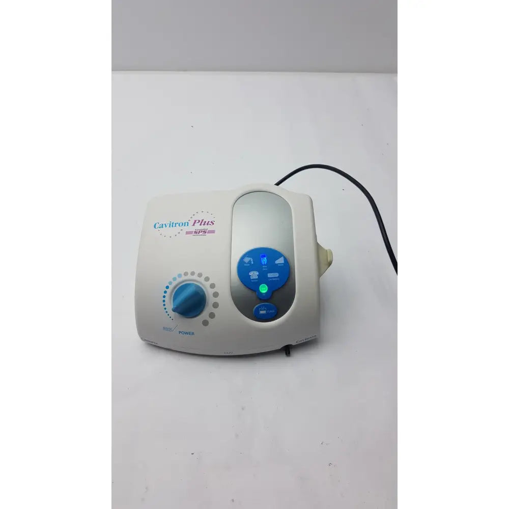 White and blue dentsply caviitron plus ultrasonic scaling unit with circular power dial and three function buttons