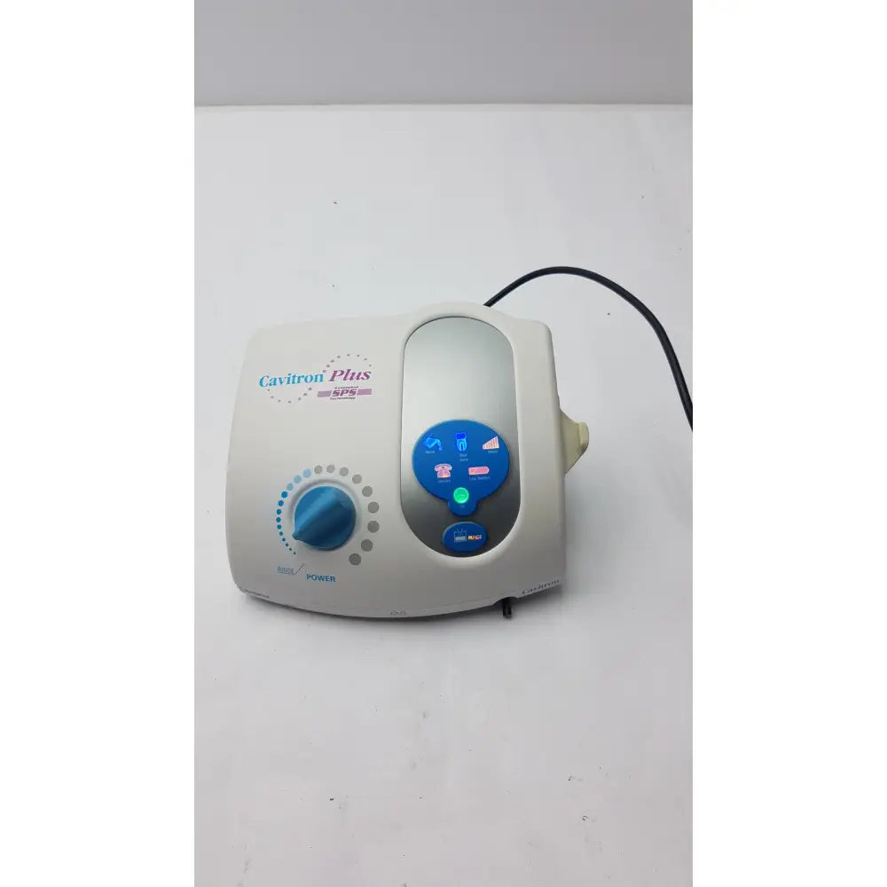 Dentsply caviitron plus ultrasonic scaling unit gen 136 in white and blue with circular power dial and black cord attached