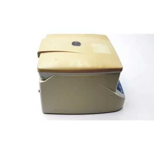 Beige plastic denville scientific 260d brushless micro centrifuge with hinged lid and circular port on top
