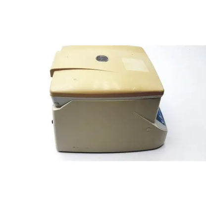 Beige plastic denville scientific 260d brushless micro centrifuge with hinged lid and circular port on top