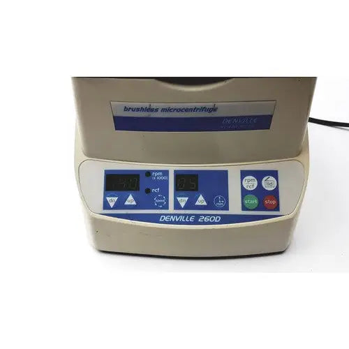 Beige and blue denville scientific 260d brushless microcentrifuge with digital display and control buttons