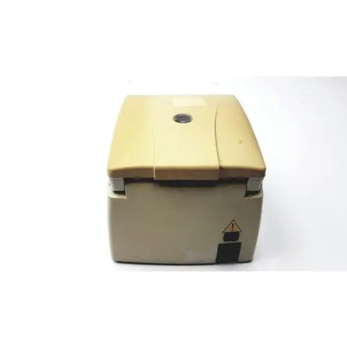 Beige plastic denville scientific 260d brushless micro centrifuge with hinged lid and circular handle on top