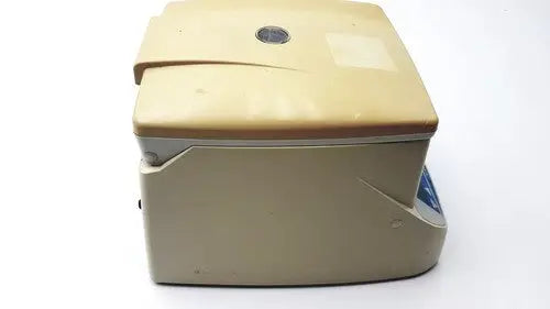 Beige plastic denville scientific 260d brushless micro centrifuge with hinged lid and circular port on top
