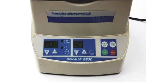 Beige and blue denville scientific 260d brushless microcentrifuge with digital display and control buttons