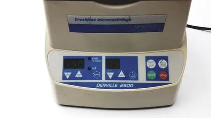 Beige and blue denville scientific 260d brushless microcentrifuge with digital display and control buttons