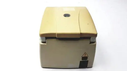 Beige plastic denville scientific 260d brushless micro centrifuge with hinged lid and circular handle on top