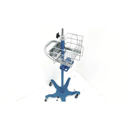 Blue medical cart with silver wire basket and handle for dinamap dcp400n-en patient monitor rolling stand