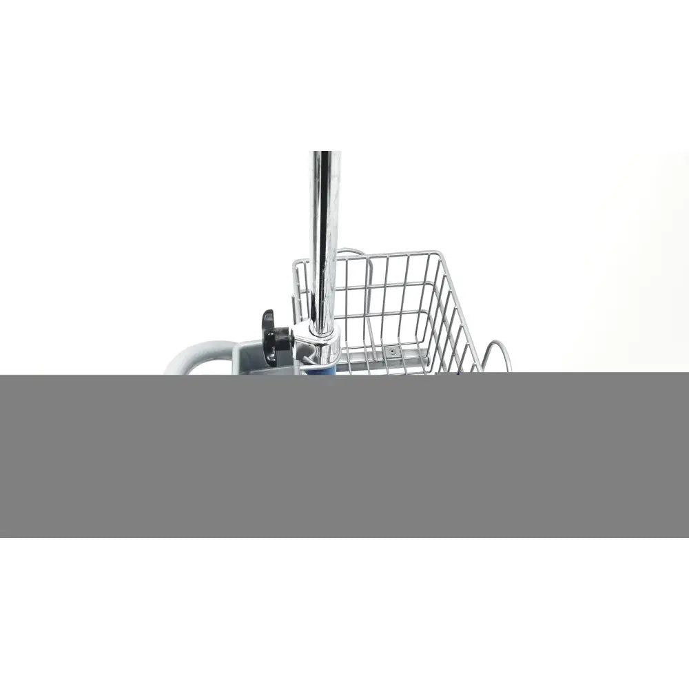Chrome finished metal shopping cart basket with black handle grip and blue accents for dinamap dcp400n-en patient monitor stand