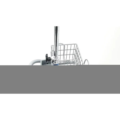 Chrome finished metal shopping cart basket with black handle grip and blue accents for dinamap dcp400n-en patient monitor stand