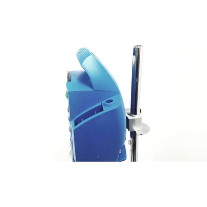 Blue plastic dcp400n-en patient monitor mounted on a metallic rolling stand with basket for medical use