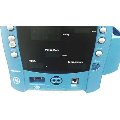 Blue GE ProCare patient monitor dcp400n-en with black screen displaying medical readings on rolling stand basket