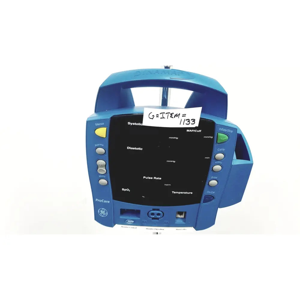 Blue ge procare portable patient monitor dcp400n-en with black screen and control buttons for dinamap dcp400n-en patient use