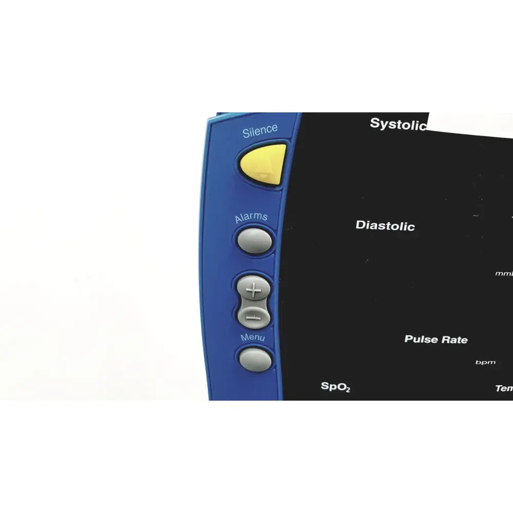 Blue dinamap dcp400n-en patient monitor with yellow silence button and gray controls on rolling stand and basket