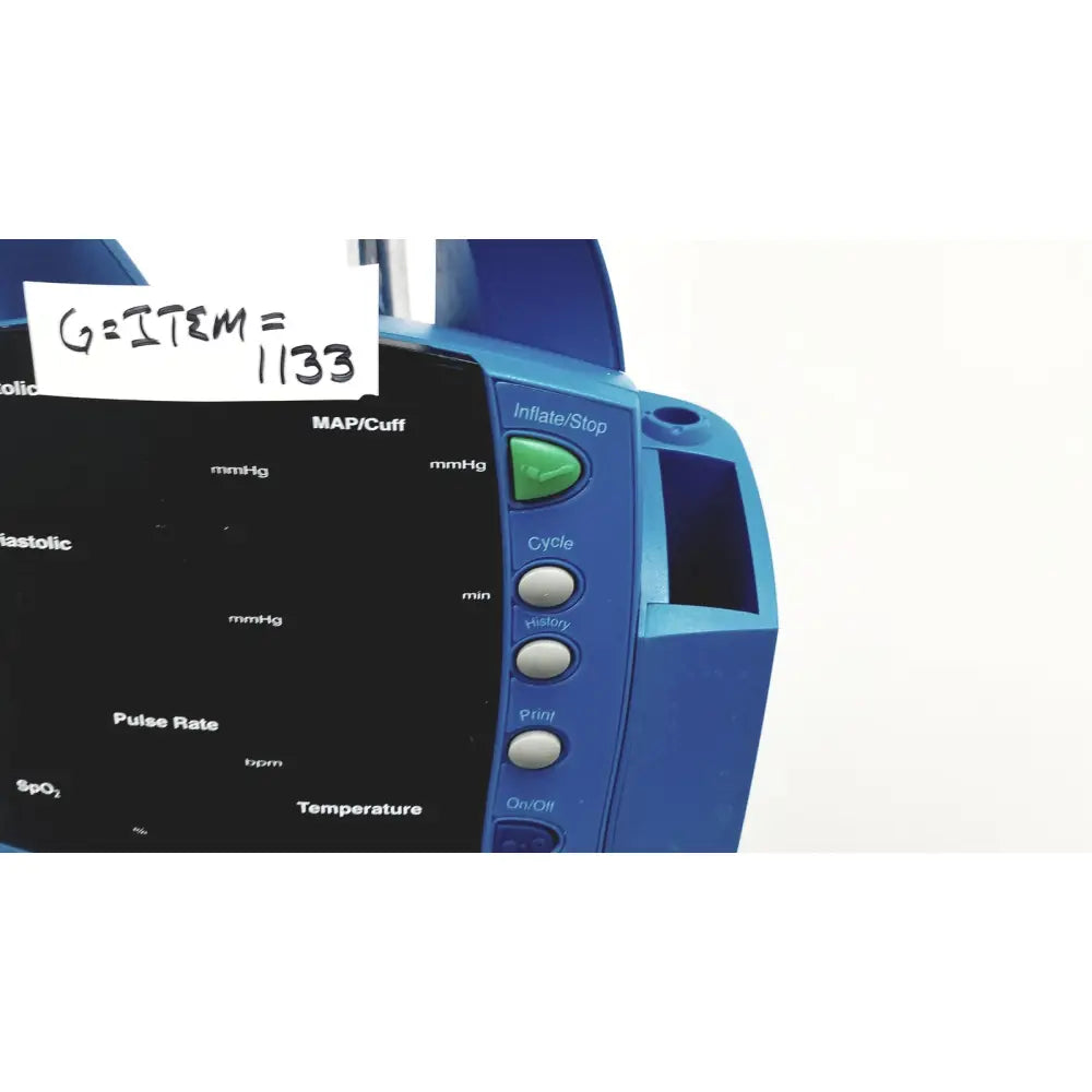 Blue dinamap dcp400n-en patient monitor with black screen, vital signs display, and green inflate stop button on rolling stand