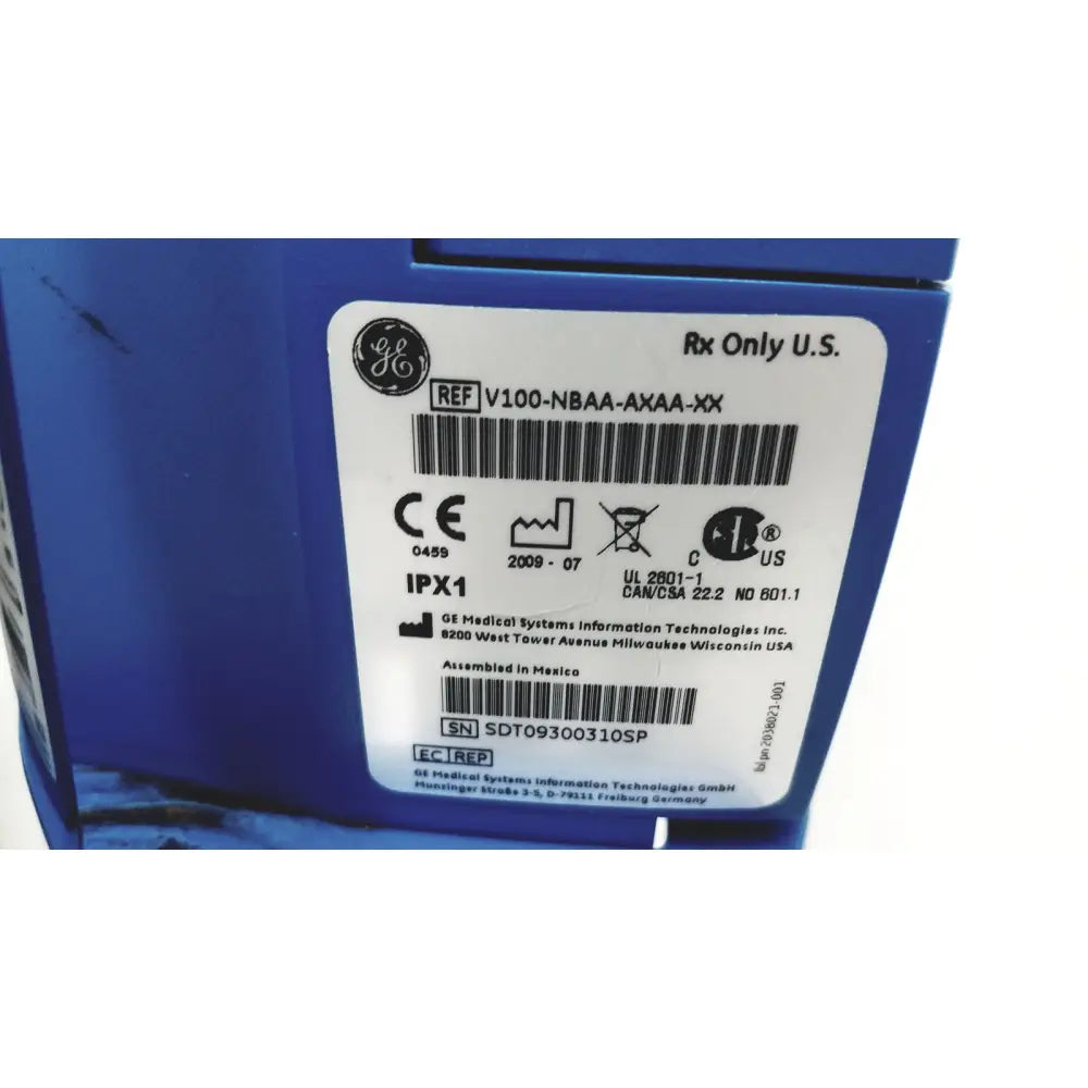 Blue ge v100-nbaa-axaa-xx medical device with white label and black text on dinamap v100 vital signs monitors with rolling stand