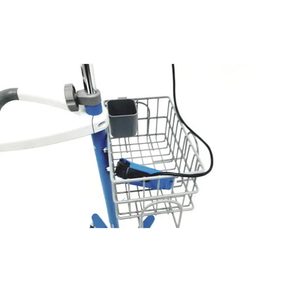 Blue and white medical cart with silver wire basket holding blue device for dinamap v100 vital signs monitors with rolling stand