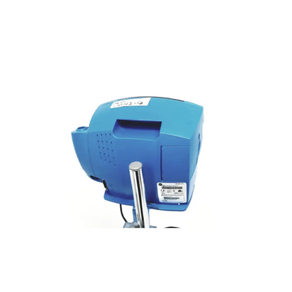 Blue plastic dinamap v100 vital signs monitor with metallic rolling stand for medical use