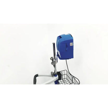 Blue plastic scanner mounted on metal stand with wire basket below for dinamap v100 vital signs monitors use