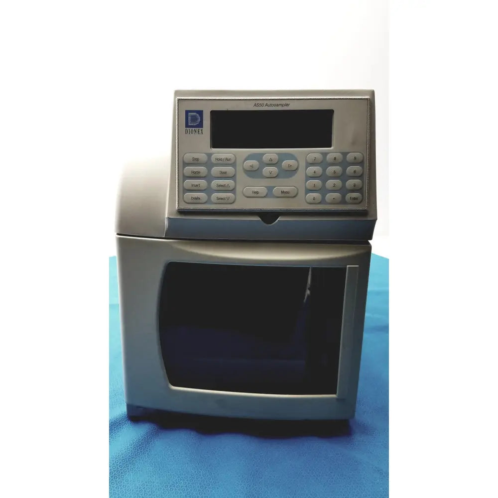 Gray metallic dionex as50 autosampler laboratory instrument with digital display and control panel for chromatography systems