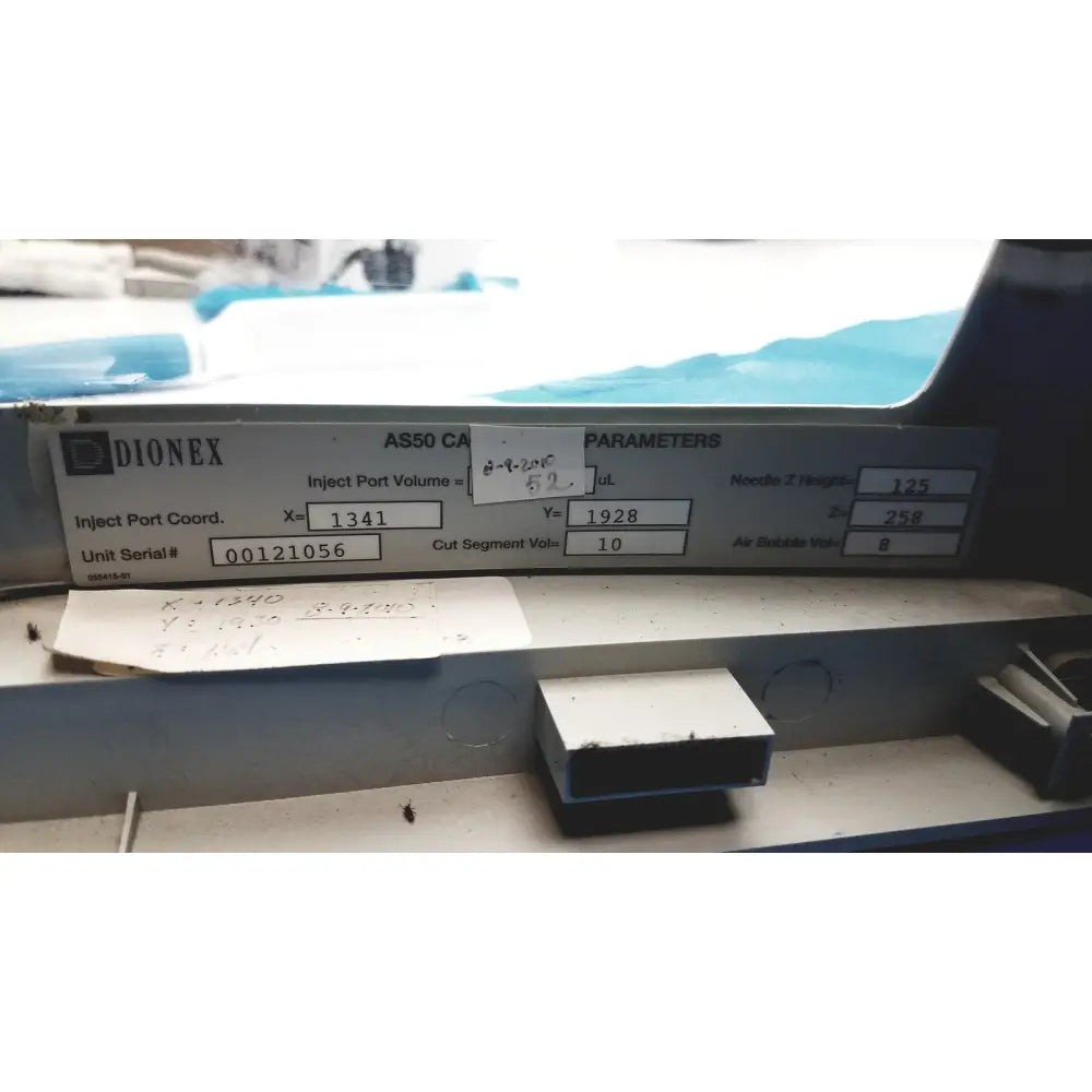 Dionex as50 autosampler label showing printed parameters and serial number on the back side of the chromatography system