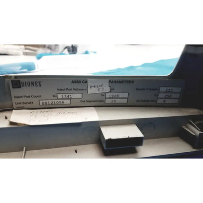 Dionex as50 autosampler label showing printed parameters and serial number on the back side of the chromatography system