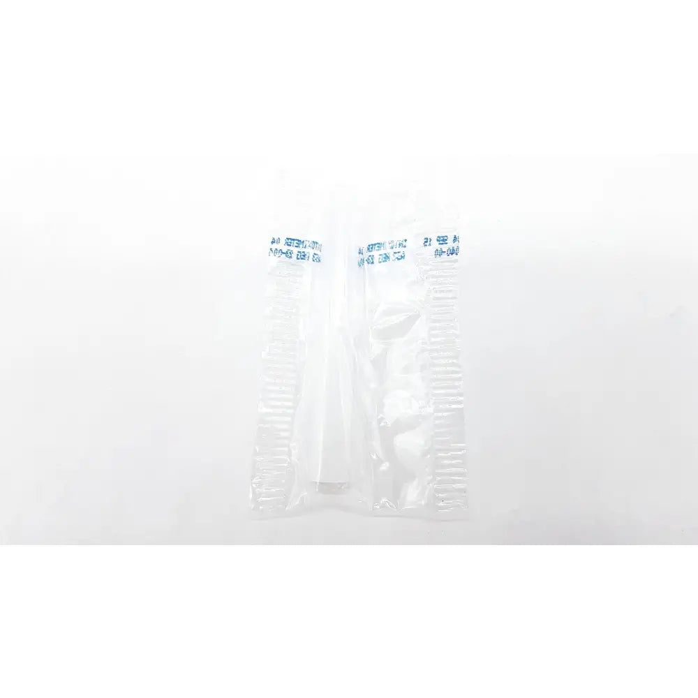 Clear plastic packaging containing two white ribbed disposable dental things made of plastic for dental use