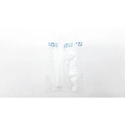 Clear plastic packaging containing two white ribbed disposable dental things made of plastic for dental use