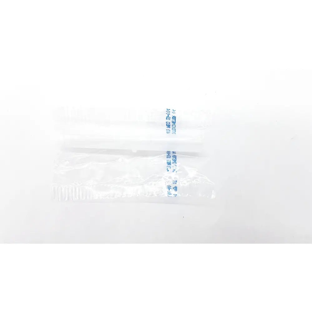 Clear plastic bag containing two white disposable dental things with blue printed text for reuse medical use