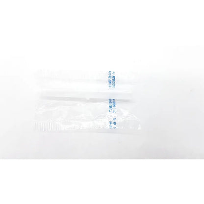 Clear plastic bag containing two white disposable dental things with blue printed text for reuse medical use