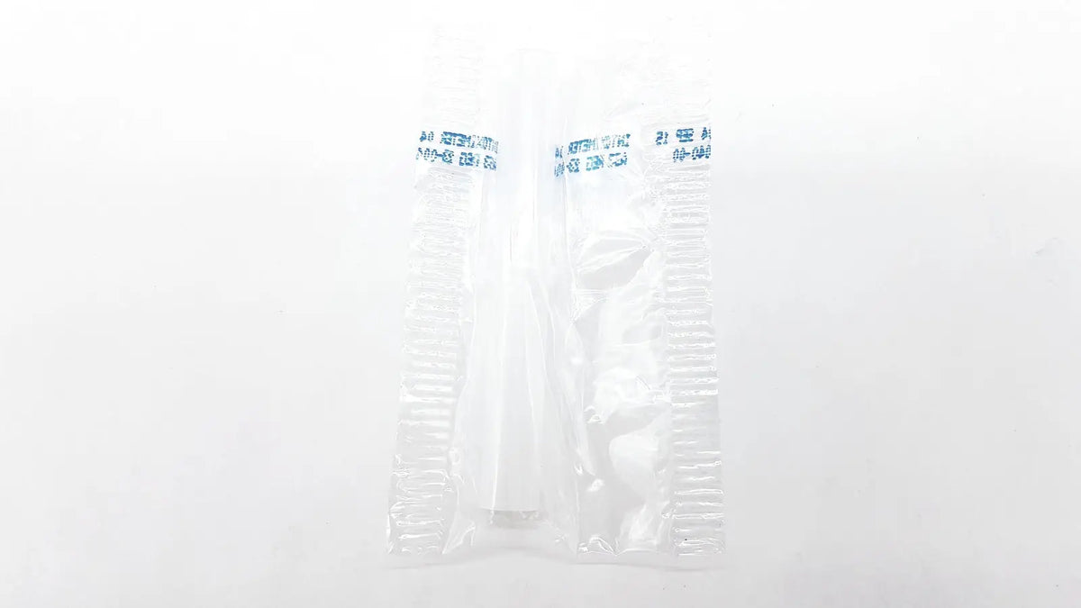 Clear plastic packaging containing two white ribbed disposable dental things made of plastic for dental use