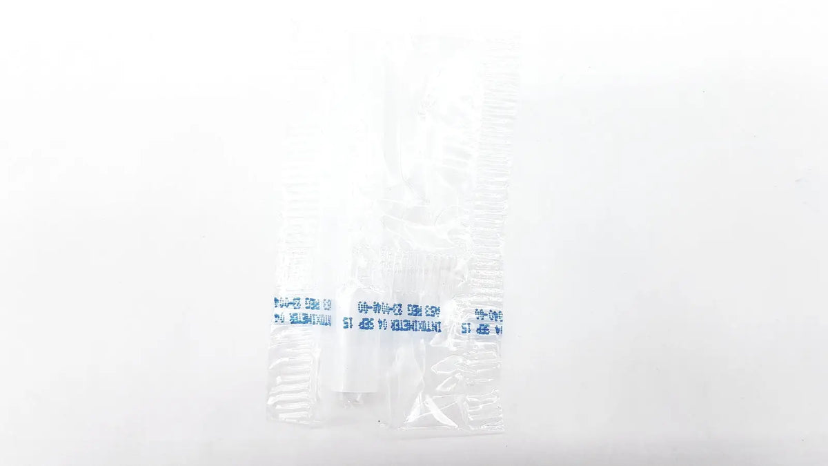 Clear plastic disposable dental vials with blue printed labels for use in disposable dental things products