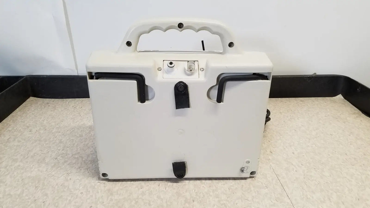 White medical defibrillator case with black handles and latches for djo aircast venaflow 30a vascular system