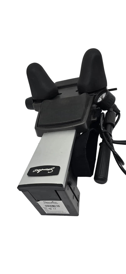 Black and silver Souda brand bicycle handlebar mount with padded grips for DJO Global Saunders cervical home traction device