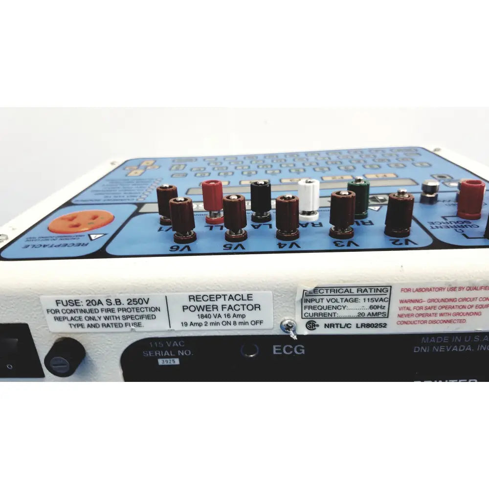 Blue and white dni nevada medTester 5000 electrical safety analyzer with multiple colored banana plug connectors