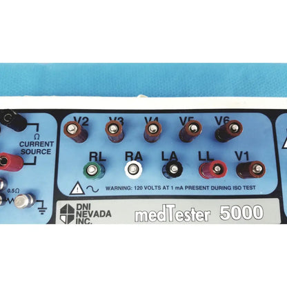 Blue panel of the dni nevada medtester 5000 electrical safety analyzer featuring labeled terminals with colored connectors