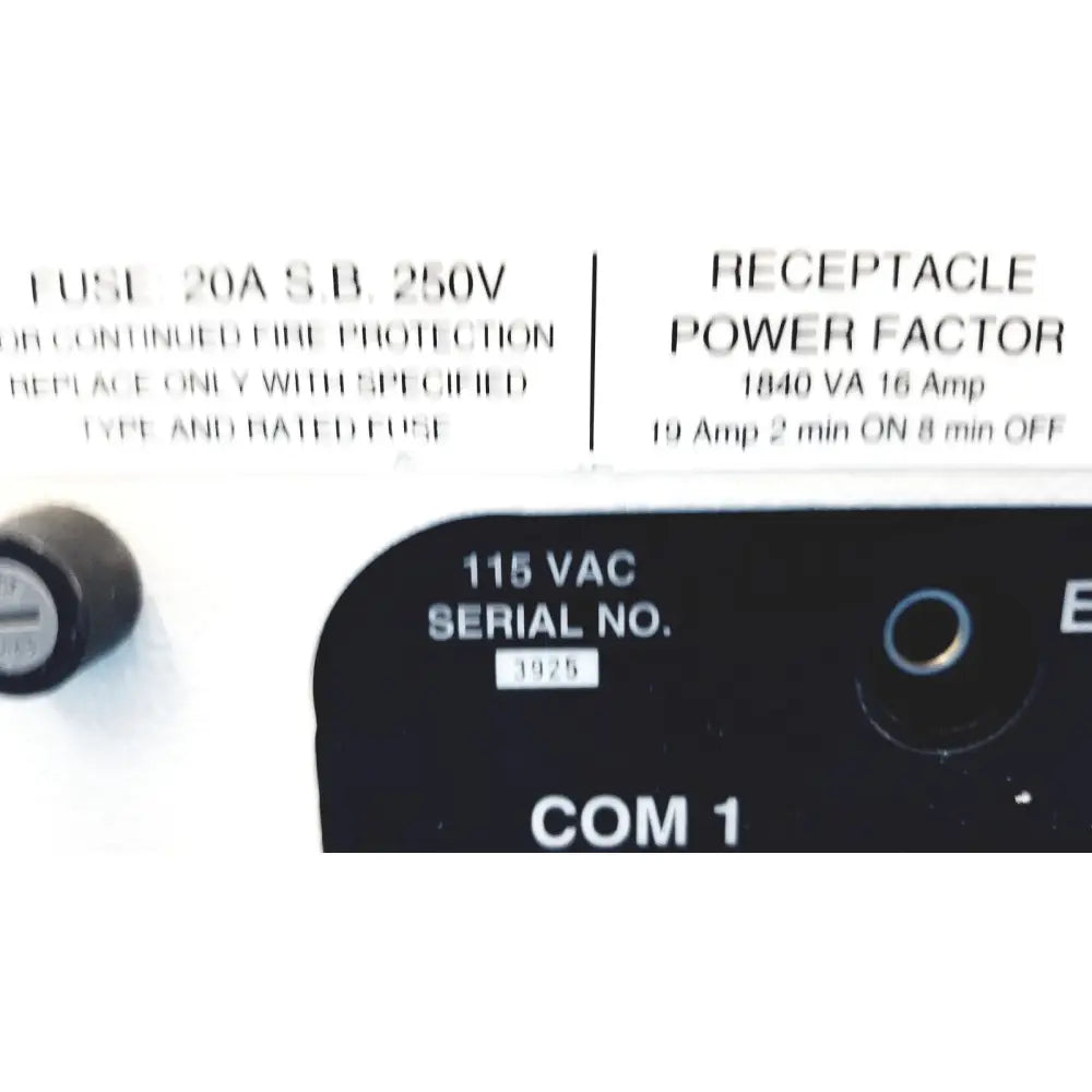 Black electrical panel with white labels and serial number on dni nevada medtester 5000 electrical safety analyzer