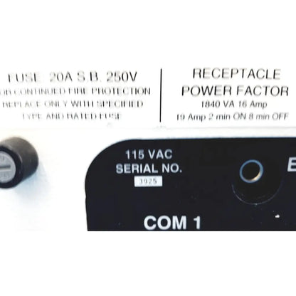 Black electrical panel with white labels and serial number on dni nevada medtester 5000 electrical safety analyzer