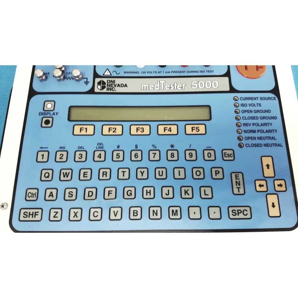 Light blue plastic dni nevada medTester 5000 electrical safety analyzer with built-in keyboard and display panel