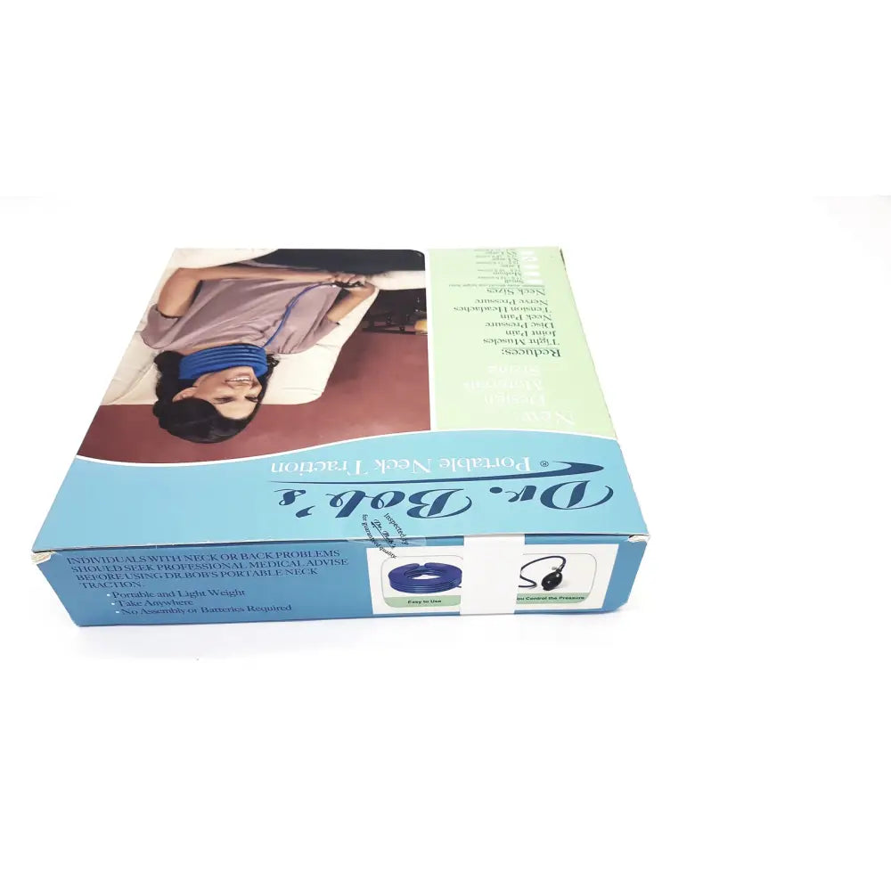 Blue and white box for dr bob’s portable neck traction medium showing packaging for portable neck traction device