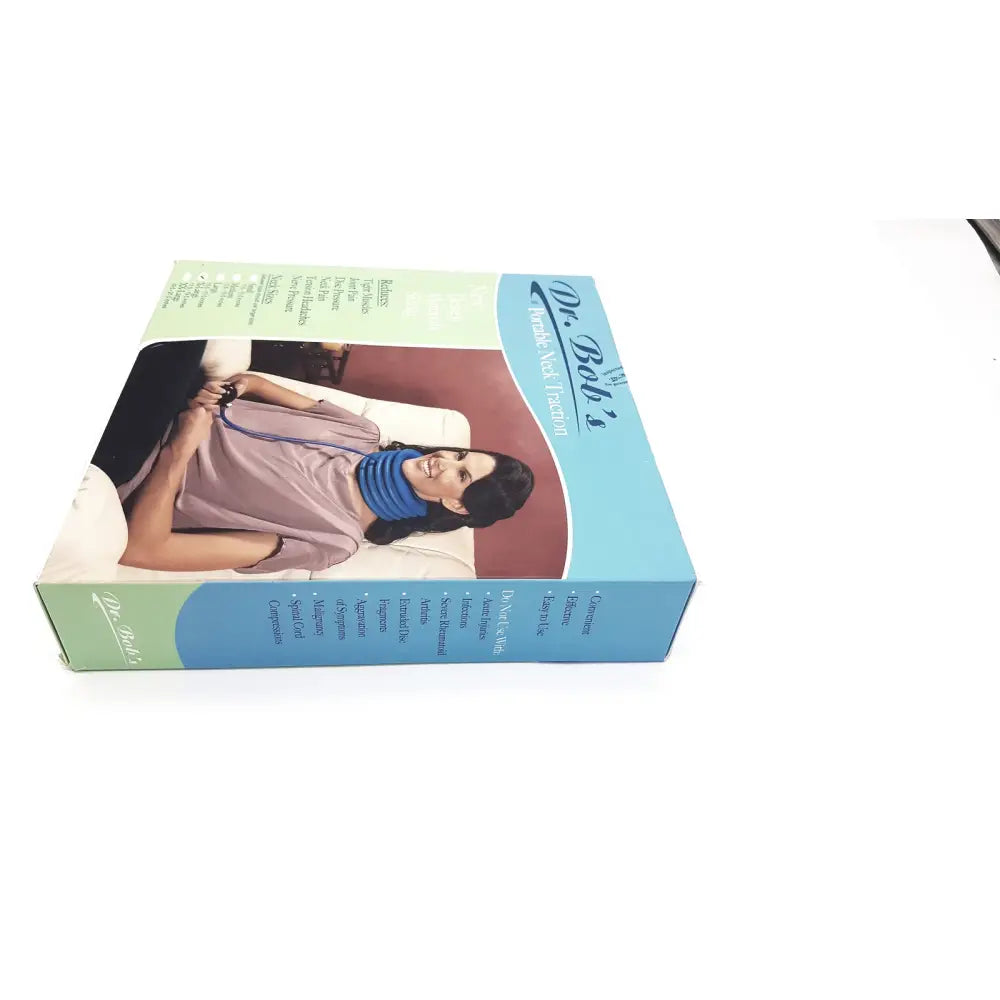 Blue and green cardboard box for dr. bob’s portable neck traction medium designed for portable neck support use