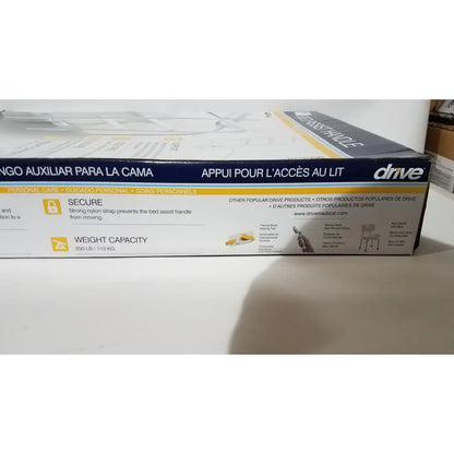 White and blue cardboard box packaging for drive medical 15064 home bed assist grab adjustable support handle