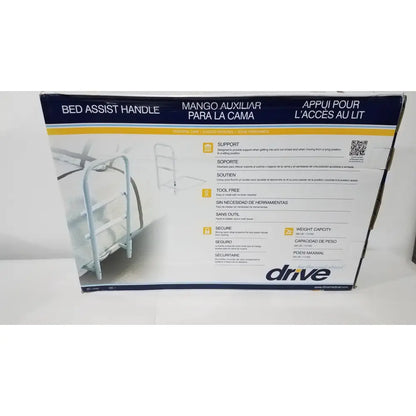 Drive Medical 15064 home bed assist grab rail is a white metal adjustable support handle with a sturdy frame design