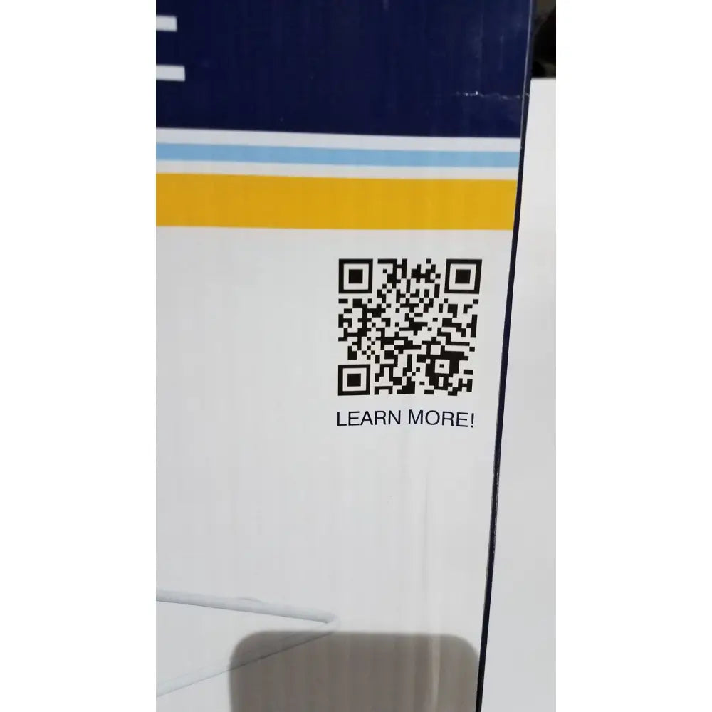 A white cardboard box with blue and yellow stripes featuring a black qr code for the drive medical 15064 home bed assist grab rail