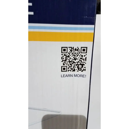 A white cardboard box with blue and yellow stripes featuring a black qr code for the drive medical 15064 home bed assist grab rail