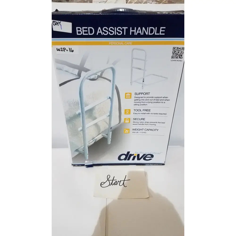 Drive Medical 15064 home bed assist grab rail in light blue metal with adjustable sturdy frame design for support