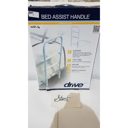 Drive Medical 15064 home bed assist grab rail in light blue metal with adjustable sturdy frame design for support