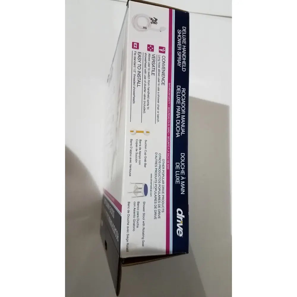 The box for drive medical deluxe handheld shower spray head with extra-long hose and easy to install label in multiple languages