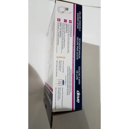 The box for drive medical deluxe handheld shower spray head with extra-long hose and easy to install label in multiple languages